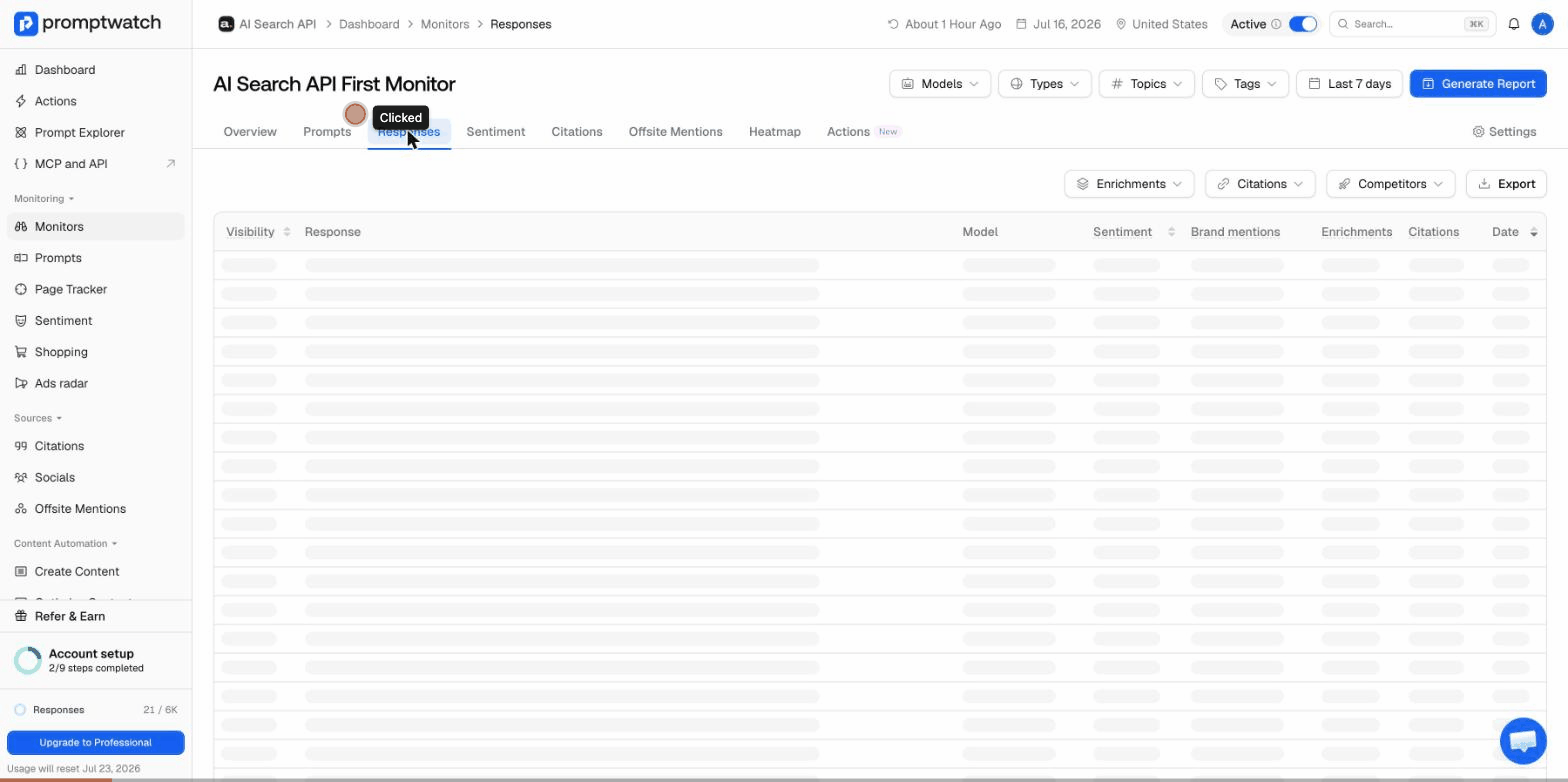 A recorded flow: opening a response, viewing its detail, toggling brand-name highlighting, and switching to citations